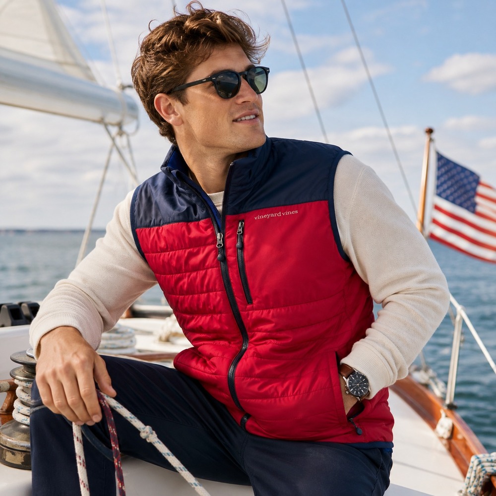 Vineyard Vines Mens Performance Vest Sz L Red Navy Quilted Insulated Preppy Golf
